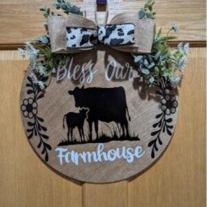 Bless Our Farmhouse 14 inch Wood Round, Gift, Farmhouse Decor, Sign, Cow
